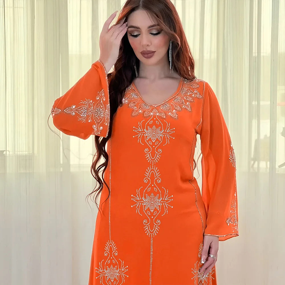 2026 Saudi Arabia Dubai Fashion Diamond Dress Women Muslim Dresses Abaya Chiffon Robe Middle Eastern Women's Clothing Maxi Dress