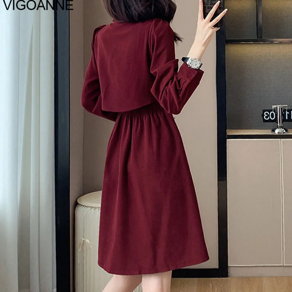 VigoAnne 2025 Woman Solid Long Sleeve Dress Spring Autumn Single Breasted Korean Casual Dresses Lady Evening Party Tight Dress