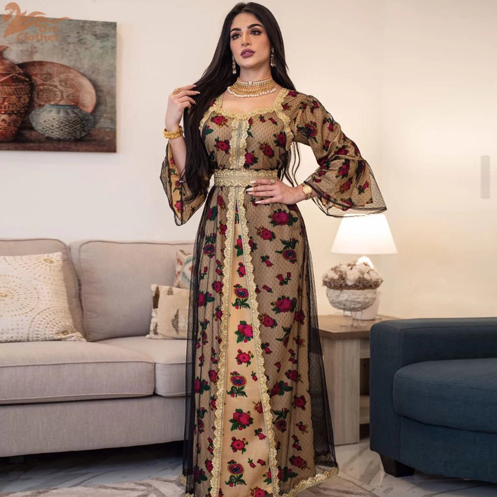 Luxury Middle East Abayas for Women Dubai Dress Lace Applique Mesh Printing Long Sleeves Elegant Evening Party Muslim Clothes