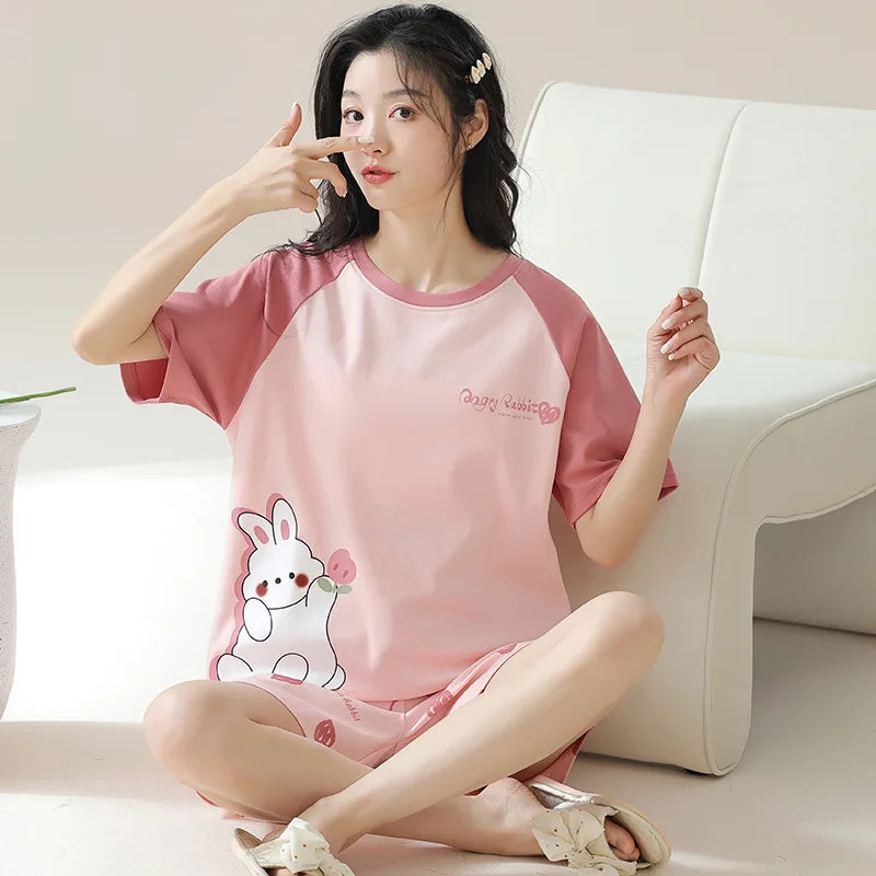 Dropshipping Female Pijamas Cartoon Summer Short Women Pajamas Sleeve Shorts Nightwear Sweet Sleepwear Pyjamas Woman Home Suit