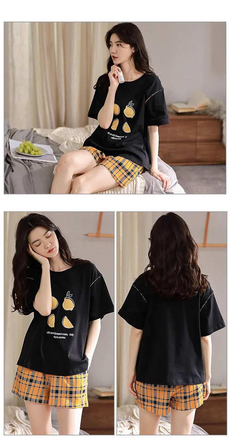Spring Summer Pure Cotton Womens Pajama Sets Sexy Black Nightwear Casual Pyjama Long Pants Sleepwear Suits Homewear Fashion