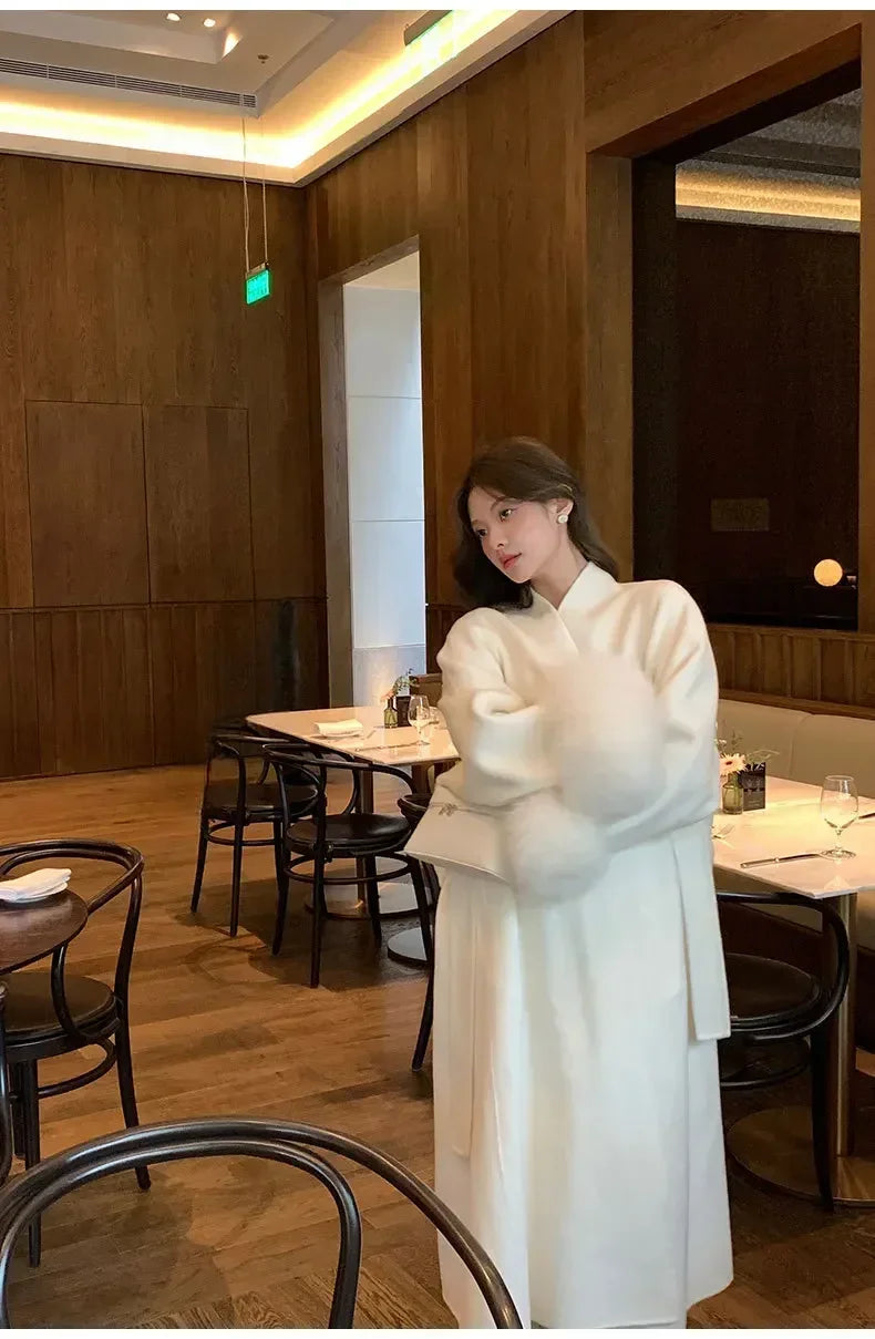 Elegant Warm Woolen Coats Real Fur Jacket with Belt Loose Fashion Outerwears 2024 Women Big Fur Collar Overcoats Female