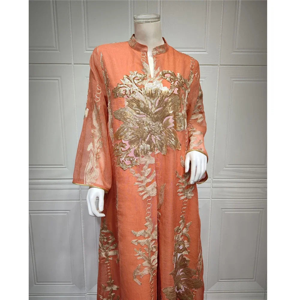 Muslim Abaya Dress Dubai Ramadan Sequins Floral Embroidered Moroccan Caftan Women Evening Gown Eid Djellaba Jalabiya Vestidos