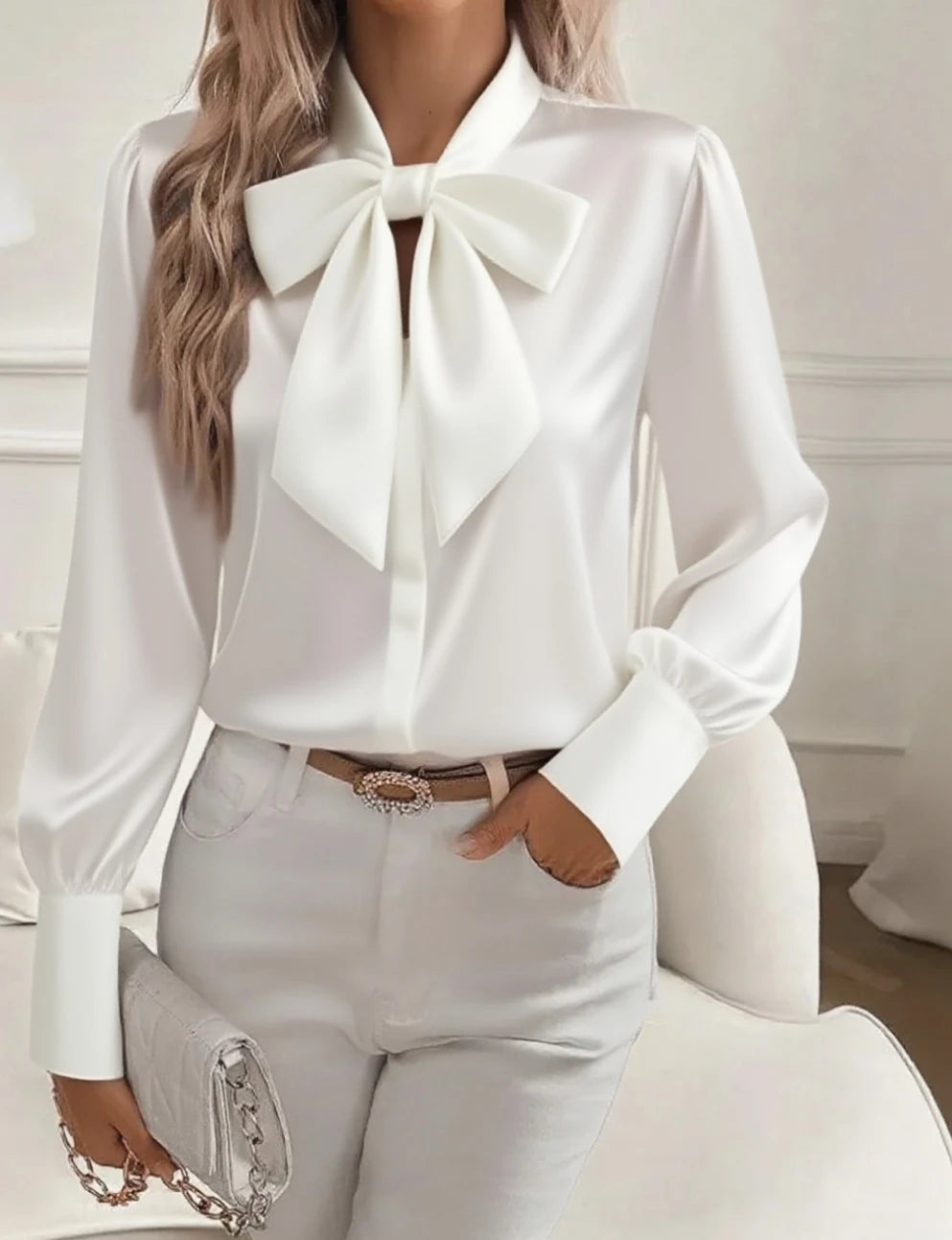 Women's Satin Solid Color Bow Tie Neck Long Sleeve Dressy Elegant Tie Neck Blouse Shirt Tops, Casual Office Work Blouse Tops