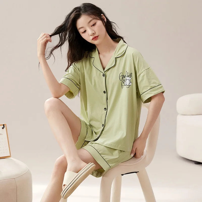 Dropshipping Female Pijamas Cartoon Summer Short Women Pajamas Sleeve Shorts Nightwear Sweet Sleepwear Pyjamas Woman Home Suit