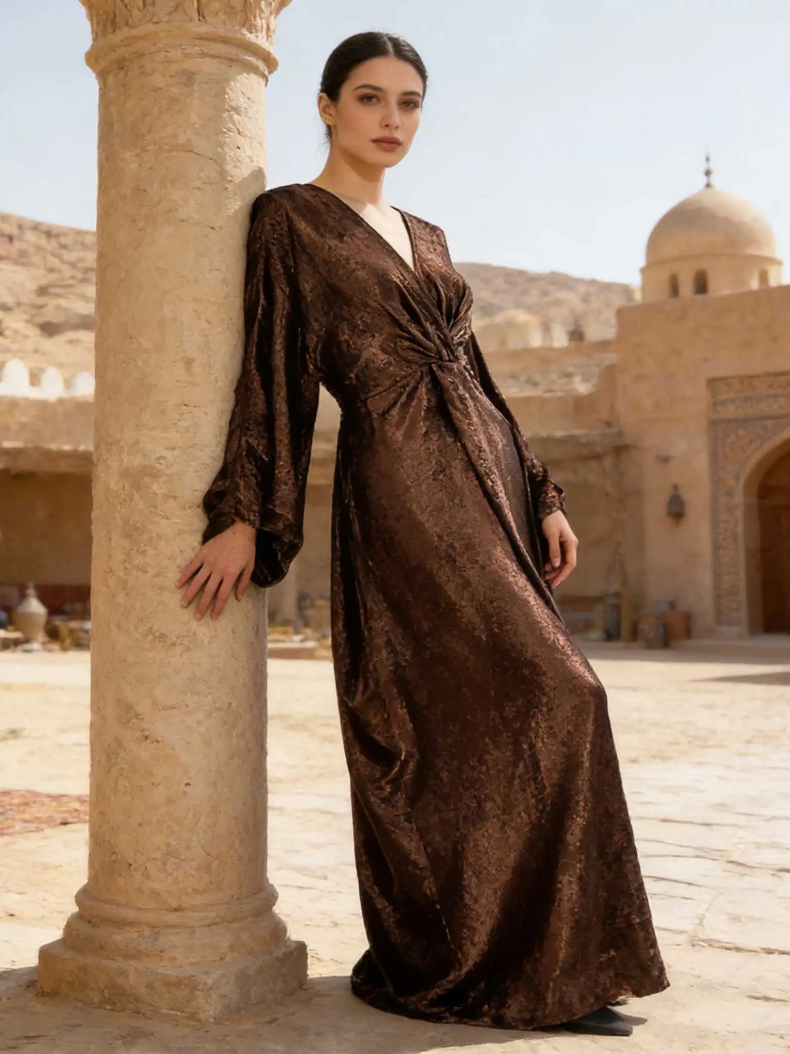 Elegant Golden Shiny Fabric V-Neck Twist Detail Batwing Sleeve Abaya Maxi Dress Women Muslim Moroccan Kaftan Ramadan Jalabiya