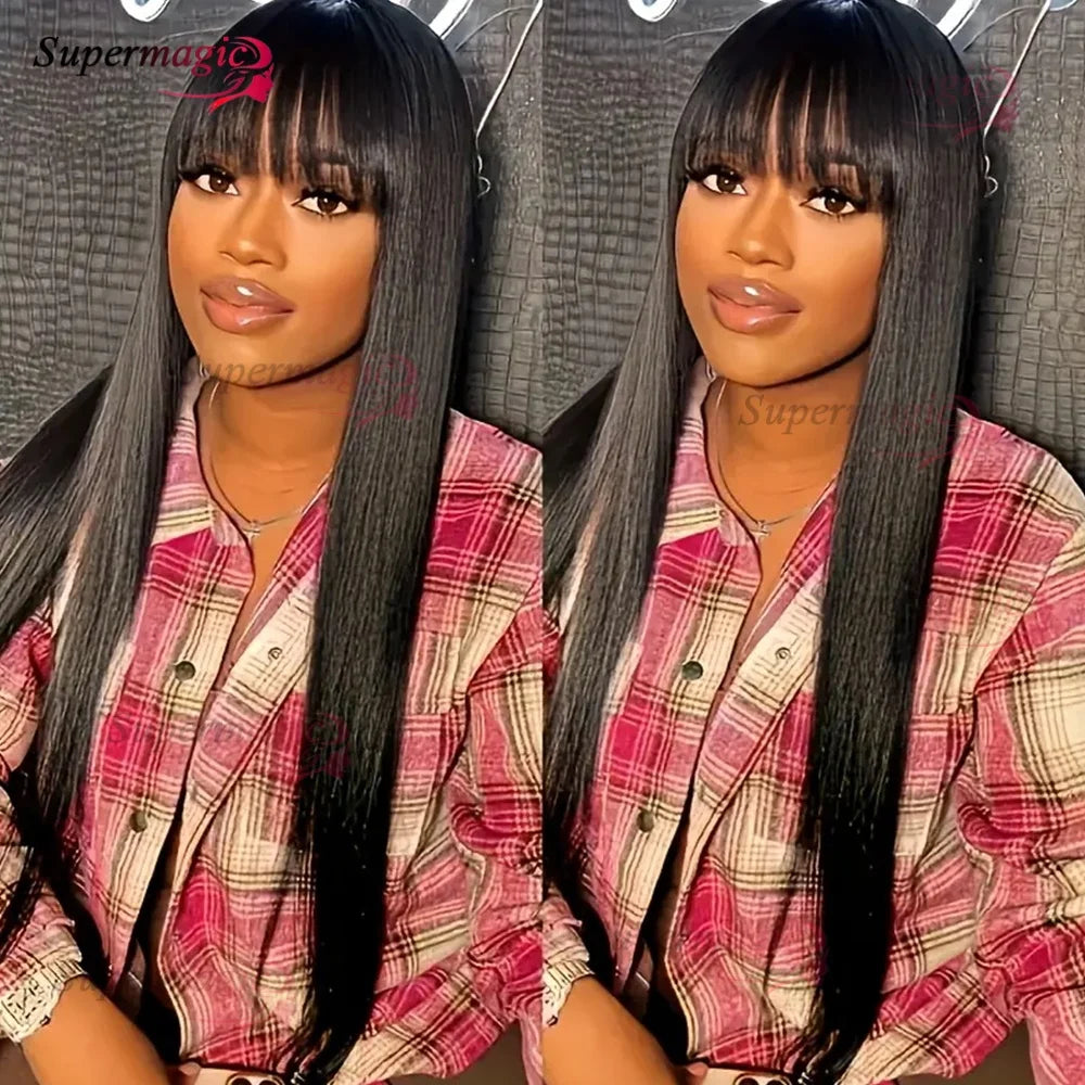 Raw Indian Bone Straight Human Hair With Bangs 4x4 Lace Middle Part Wigs For Black Women Brazilian 30 32 Inch Cheap Glueless Wig