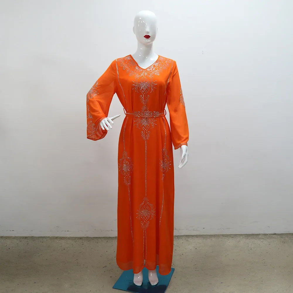 2026 Saudi Arabia Dubai Fashion Diamond Dress Women Muslim Dresses Abaya Chiffon Robe Middle Eastern Women's Clothing Maxi Dress