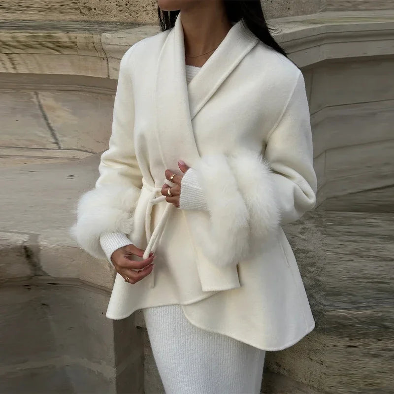 Elegant Fur Shawl Women's Coat Long Sleeve Patchwork Woolen Lace Up V-neck Solid Female Coats 2025 Autumn Winter Lady Jackets