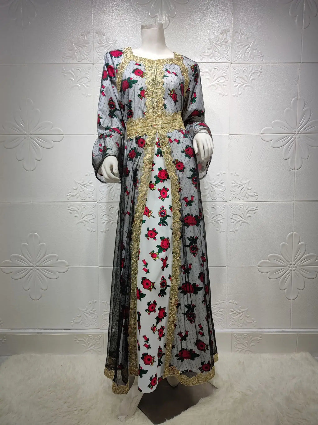 Luxury Middle East Abayas for Women Dubai Dress Lace Applique Mesh Printing Long Sleeves Elegant Evening Party Muslim Clothes