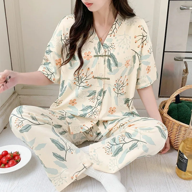 Summer Thin Short-sleeved Cotton Women's Pajama Set Nightwear Long Pants Womens Pajama Sets Sleepwear Lounge Home Fashion