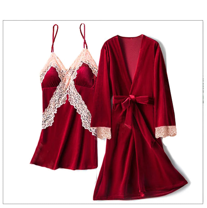 Pajama Set Woman Thick Flannel Velvet Female Fall Sexy Lace Long-sleeved Suit With Corset Pads Sling Nightgown Robe Homewear