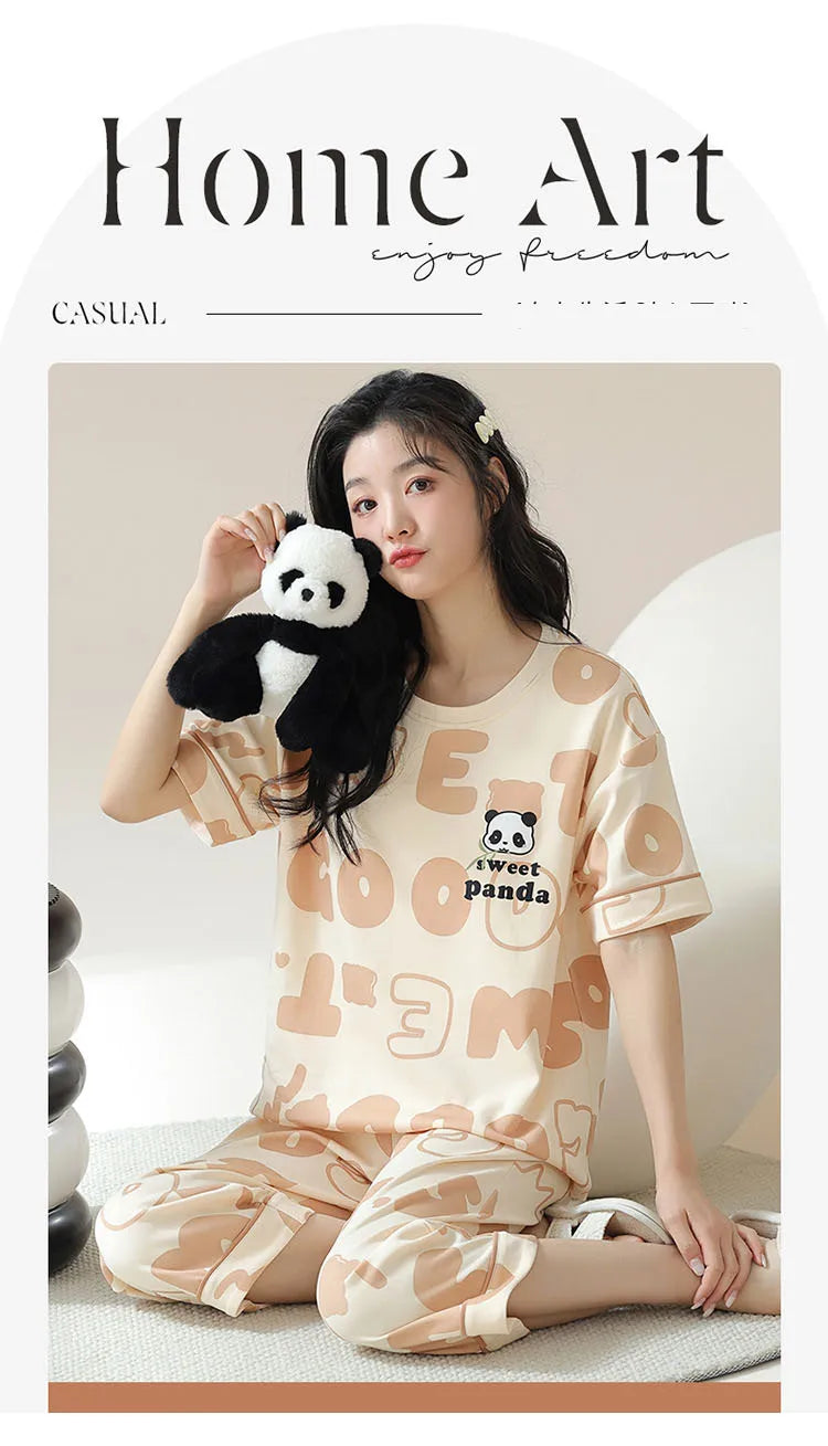 New Summer Pajamas Homewear Suit Women's Short-Sleeved Long Pants Ladies Large Size Loose Leisure Homewear Two-Piece Set