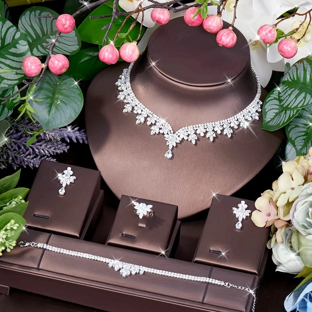 Classic Water Drop Cubic Zirconia Dubia Women Bridal Jewelry Sets 4PCS Necklace Earring Set Bijoux Femme Ensemble S-342