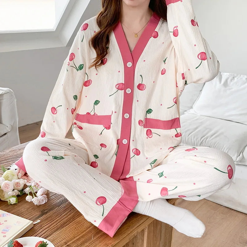 Sexy Pajamas Women's Long-sleeved Cotton Sleepwear Night Gown Home Clothes Pajamas Lounge Wear Loose Suit Home Service