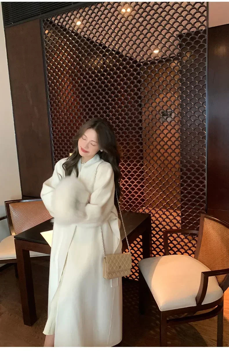 Elegant Warm Woolen Coats Real Fur Jacket with Belt Loose Fashion Outerwears 2024 Women Big Fur Collar Overcoats Female
