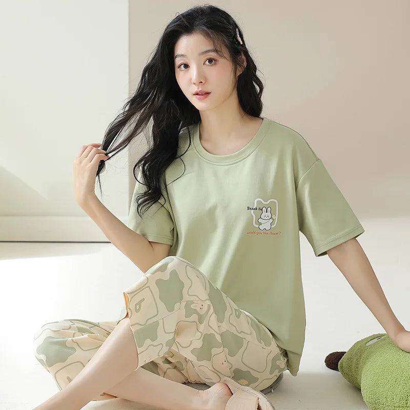 New Summer Pajamas Homewear Suit Women's Short-Sleeved Long Pants Ladies Large Size Loose Leisure Homewear Two-Piece Set
