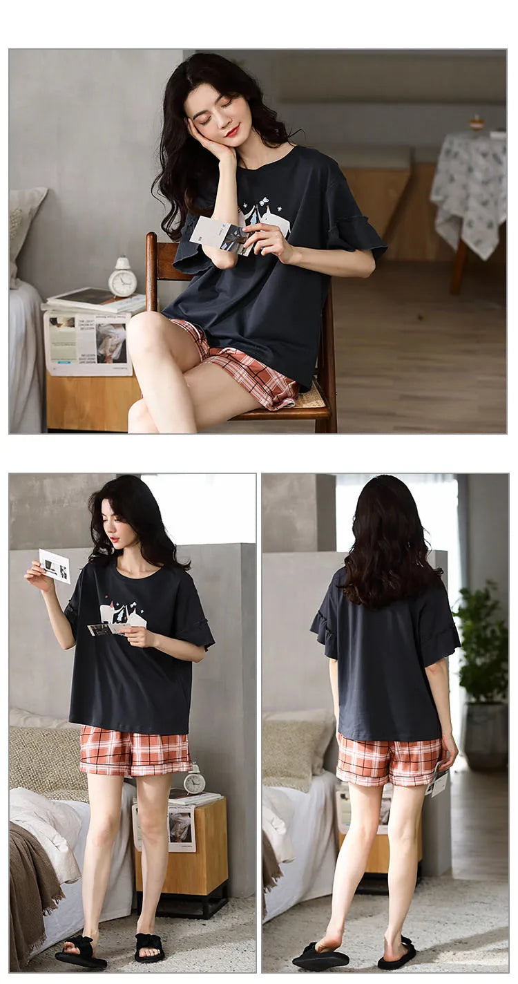 Spring Summer Pure Cotton Womens Pajama Sets Sexy Black Nightwear Casual Pyjama Long Pants Sleepwear Suits Homewear Fashion