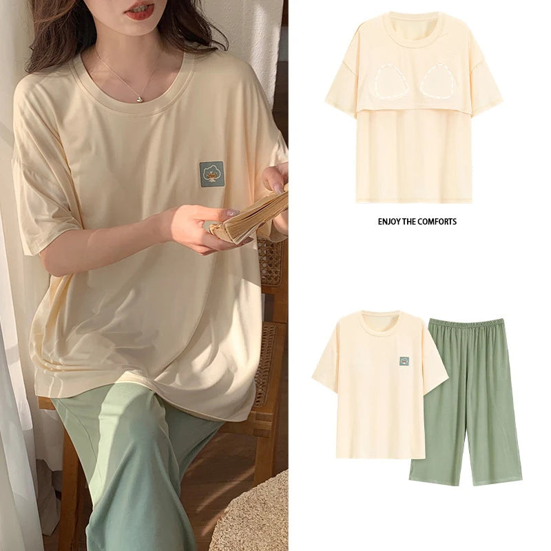 Female Loungewear Pijama Mujer Homewear Summer Nightwear Elegant Women's Pajama Sets Women With Breast Pad Femme Sleepwear