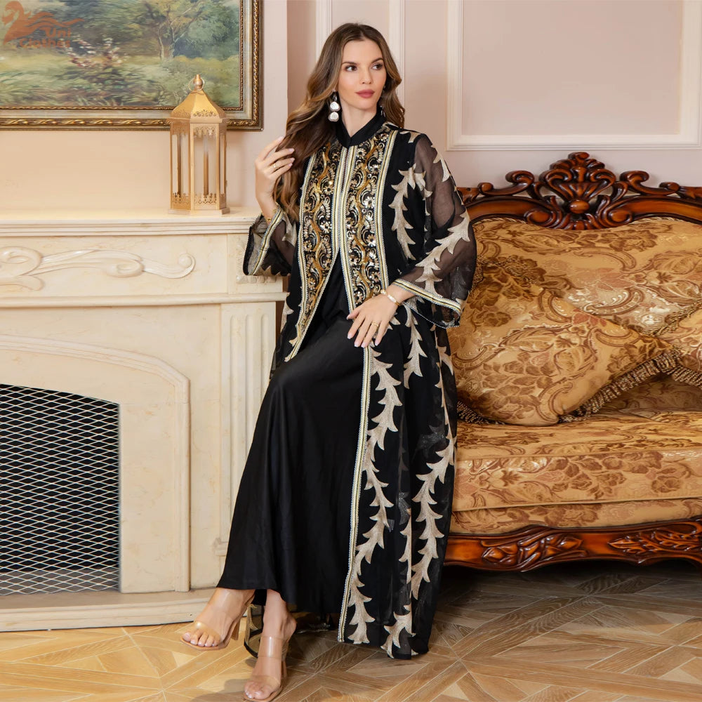 Uni Muslim Luxury Woman Evening Dress Dubai Sequins Maxi Abaya Two Pieces Kaftans 2025