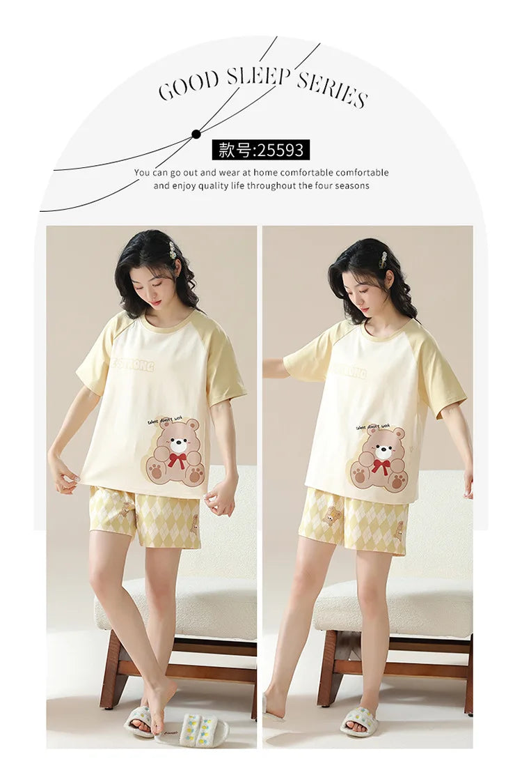 Female Summer Pijamas Short Women Cotton Pajamas Sleeve Shorts Nightwear Sweet Sleepwear Cartoon Pyjamas Woman Home Suit