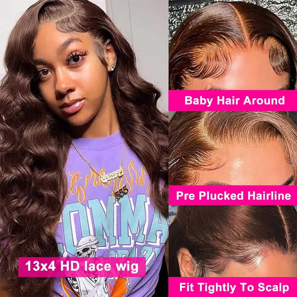 Body Wave Chocolate Brown 13x6 Lace Front Wigs Human Hair Pre Plucked Brazilian Brown Virgin Hair 13x4 HD Frontal Wig 230density