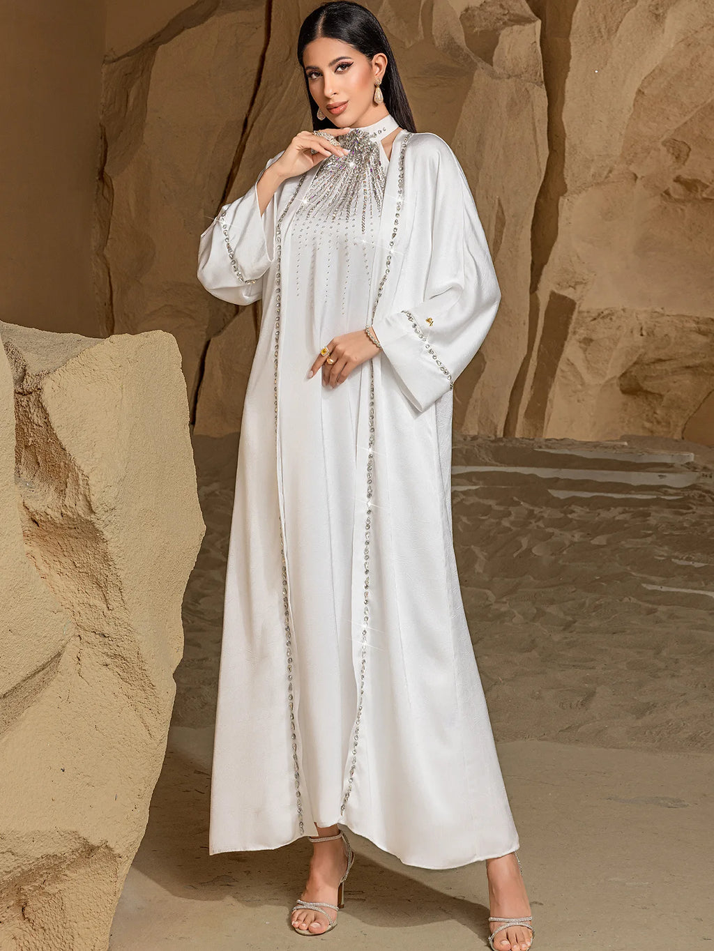 Ramadan White Dubai Satin Evening 2 Piece Set Abaya Muslim Prayer Clothes African Dresses For Women Robe Femme Musulmane Kaftan