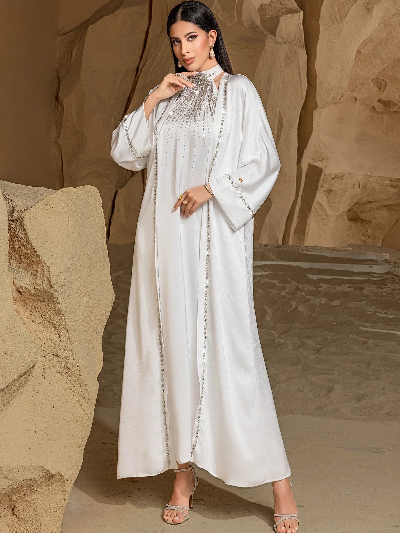 Ramadan White Dubai Satin Evening 2 Piece Set Abaya Muslim Prayer Clothes African Dresses For Women Robe Femme Musulmane Kaftan