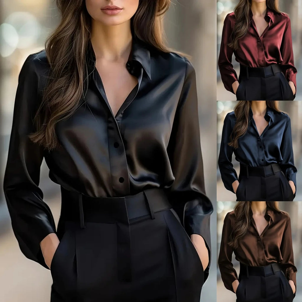 Elegant  Satin Long Sleeve Blouse for Women   Button-Up Collar Shirt Perfect for Casual or Professional Wear