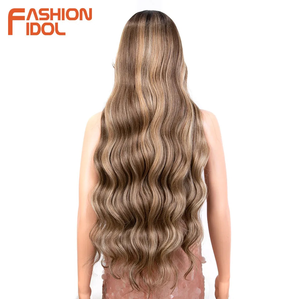 FASHION IDOL 34 Inch Lace Front Wigs Synthetic Ombre Blonde Brown Colorful Wigs For Women Heat Resistant Fiber Cosplay Wigs