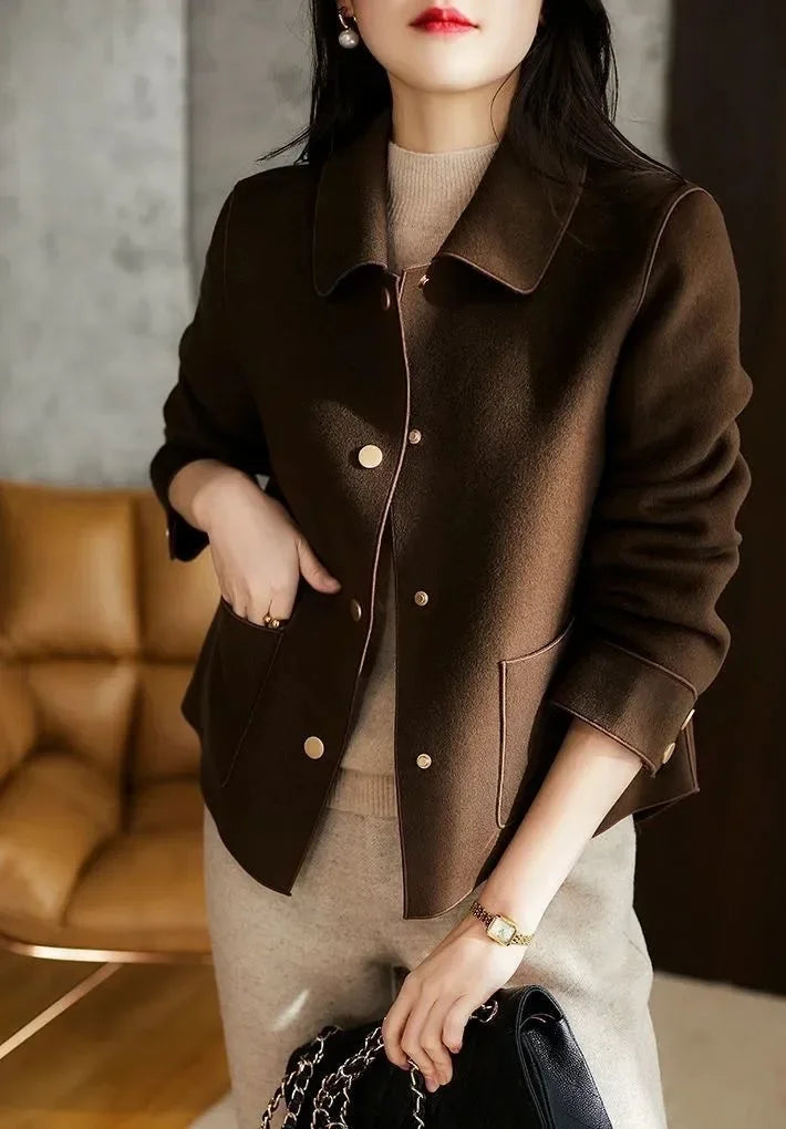 Double-Sided Woolen Short Coat Women's Suiting Jacket Autumn Winter New Style Turn-down Collar New Top Polyester Fiber