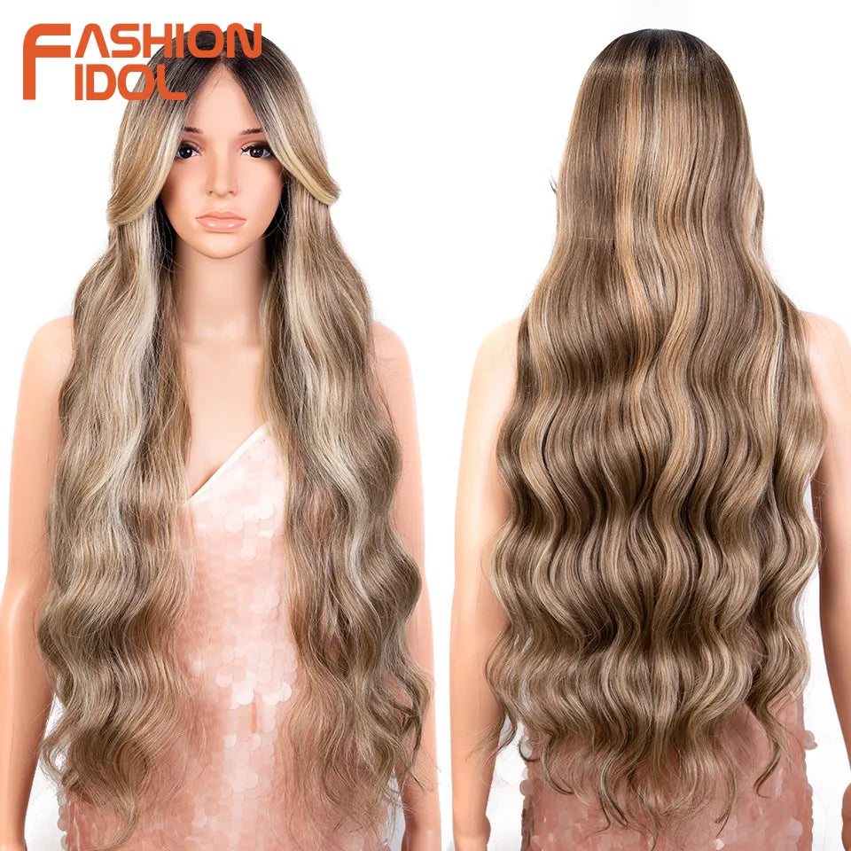 FASHION IDOL 34 Inch Lace Front Wigs Synthetic Ombre Blonde Brown Colorful Wigs For Women Heat Resistant Fiber Cosplay Wigs