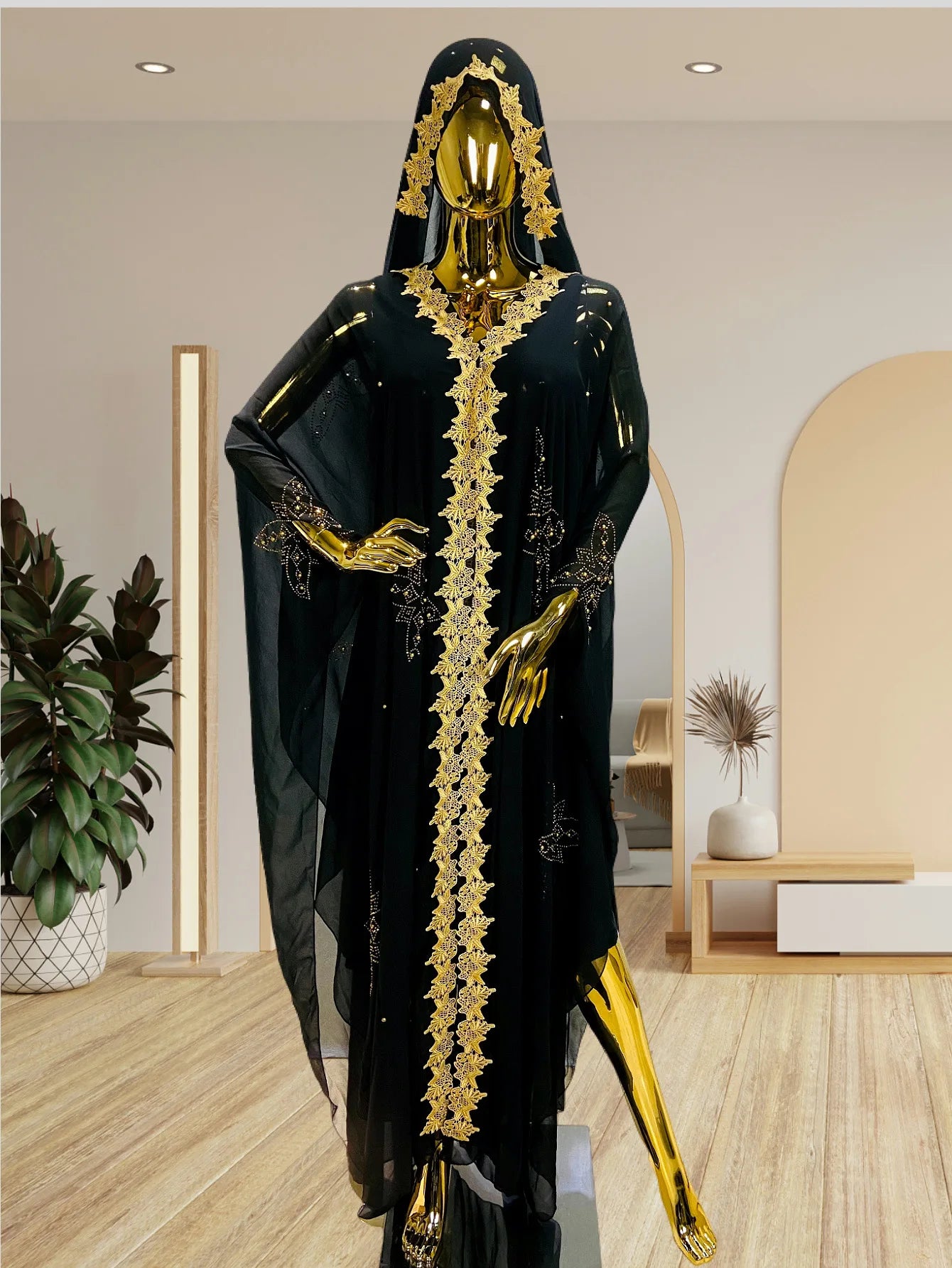 Abaya New Fashion American European Women's Black Blue Loose Hooded Long Sleeve Ankle Length Embroideried Diamond Studded Dress