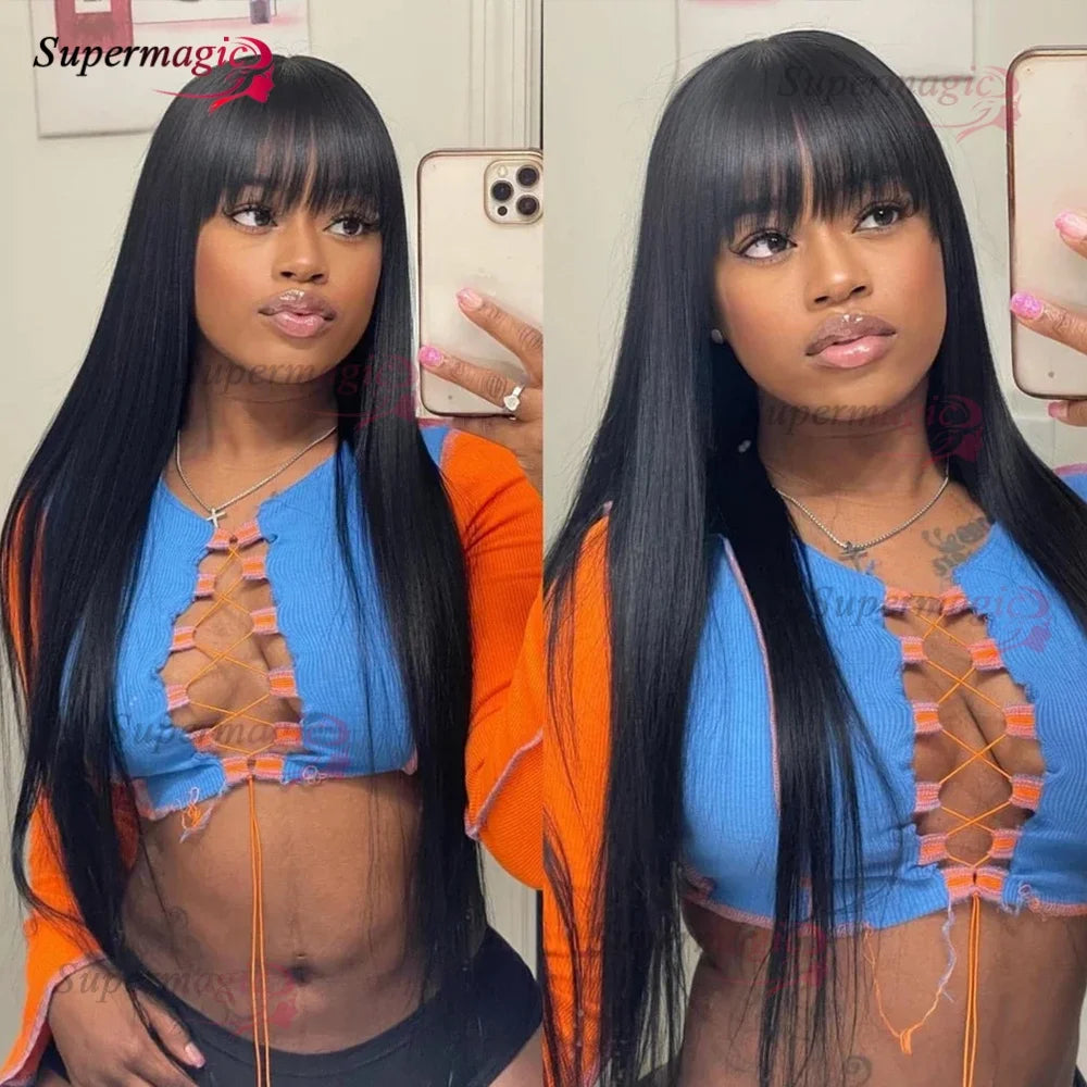 Raw Indian Bone Straight Human Hair With Bangs 4x4 Lace Middle Part Wigs For Black Women Brazilian 30 32 Inch Cheap Glueless Wig
