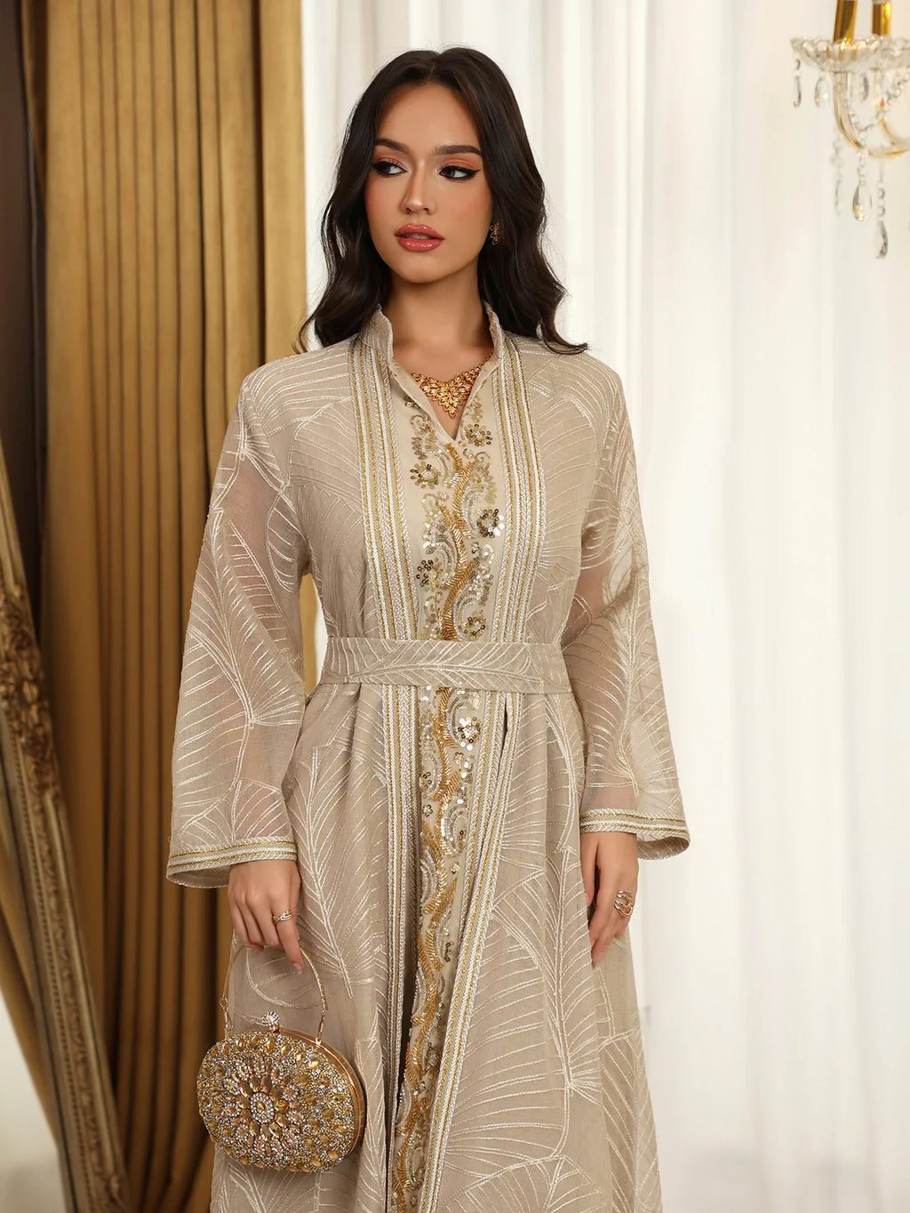 Women Mesh Sequins Dress Elegant Abaya  Eid Party Gorgeous Embroidery Dresses Lace-up Muslim Jalabiya  Vestidos Largos Robe 2025