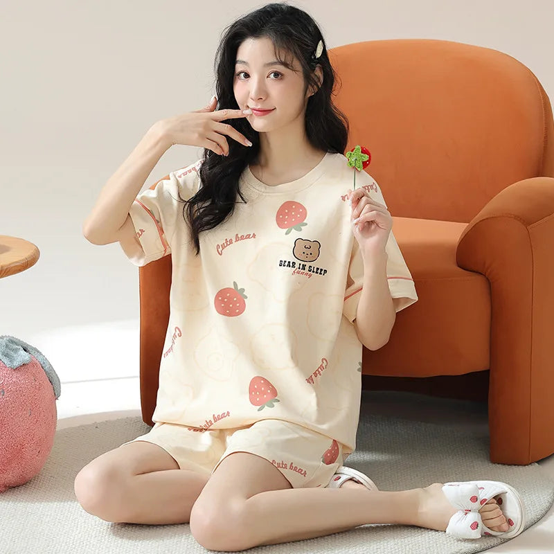 Female Summer Pijamas Short Women Cotton Pajamas Sleeve Shorts Nightwear Sweet Sleepwear Cartoon Pyjamas Woman Home Suit