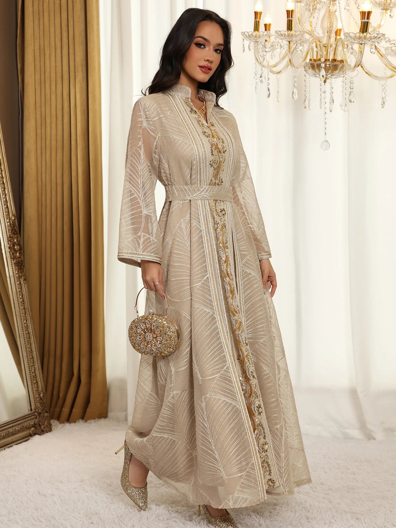 Women Mesh Sequins Dress Elegant Abaya  Eid Party Gorgeous Embroidery Dresses Lace-up Muslim Jalabiya  Vestidos Largos Robe 2025