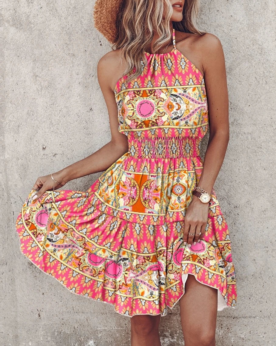 Elegant Floral Pleated H shaped Midi Dress Female V Neck Puff Sleeve Waist Ruched Button Dresses Women Summer Dress