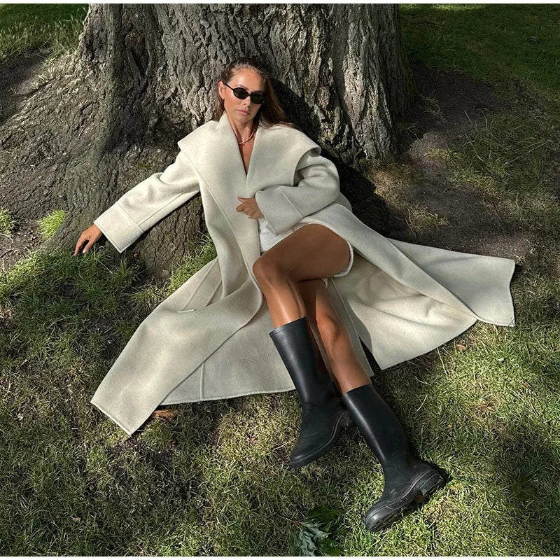 Solid Large Lapel Belted Long Woolen Women Coat Elegant Full Sleeve Lace Up Overcoat  2025 Autumn Winter Wrap Style Outerwear