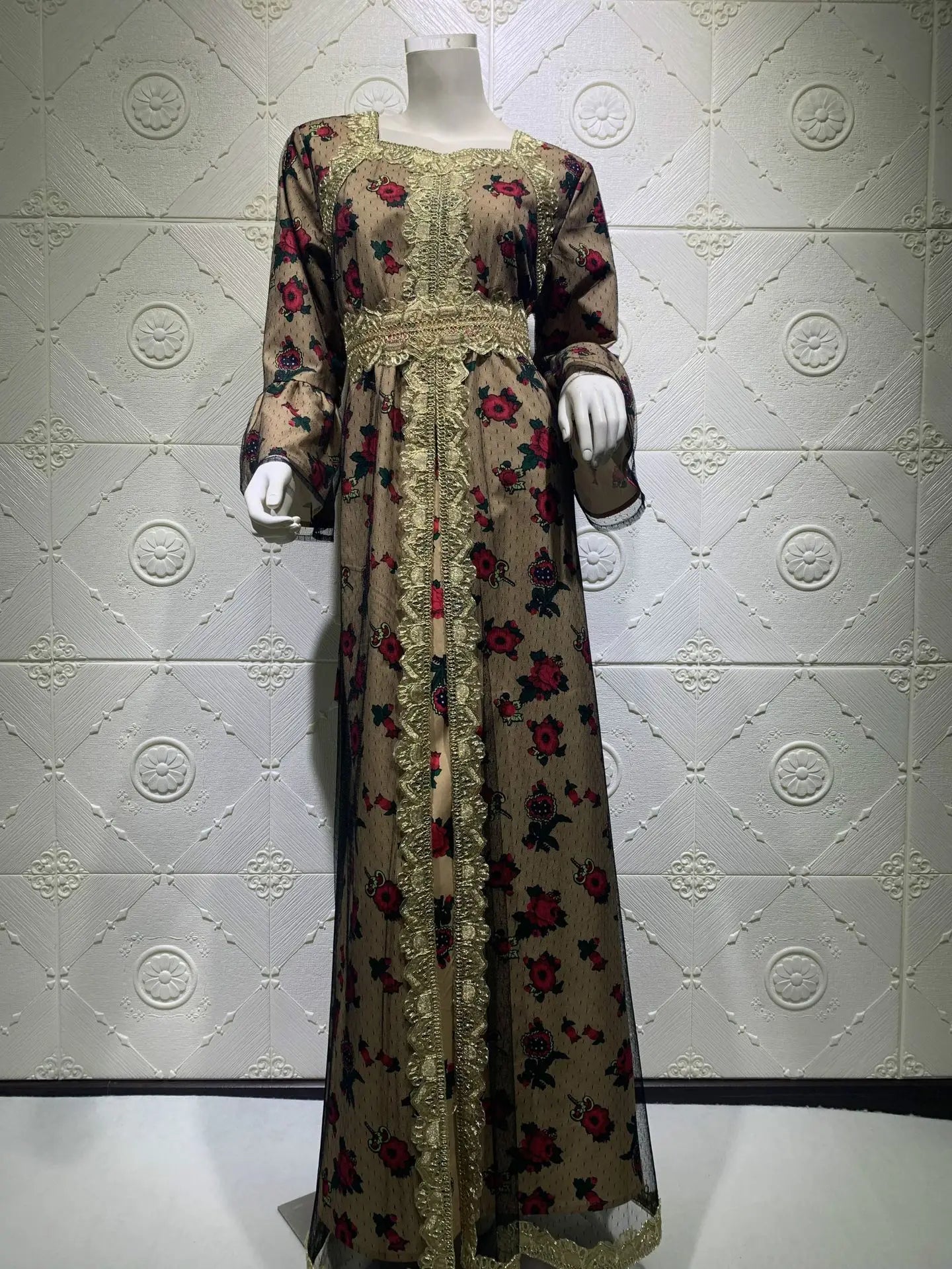 Luxury Middle East Abayas for Women Dubai Dress Lace Applique Mesh Printing Long Sleeves Elegant Evening Party Muslim Clothes