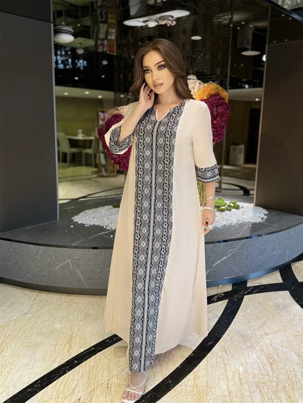 Muslim Maxi Dresses for Women Hijab Dress Elegant Woman Printed Ayabas Dresses Half Sleeve
