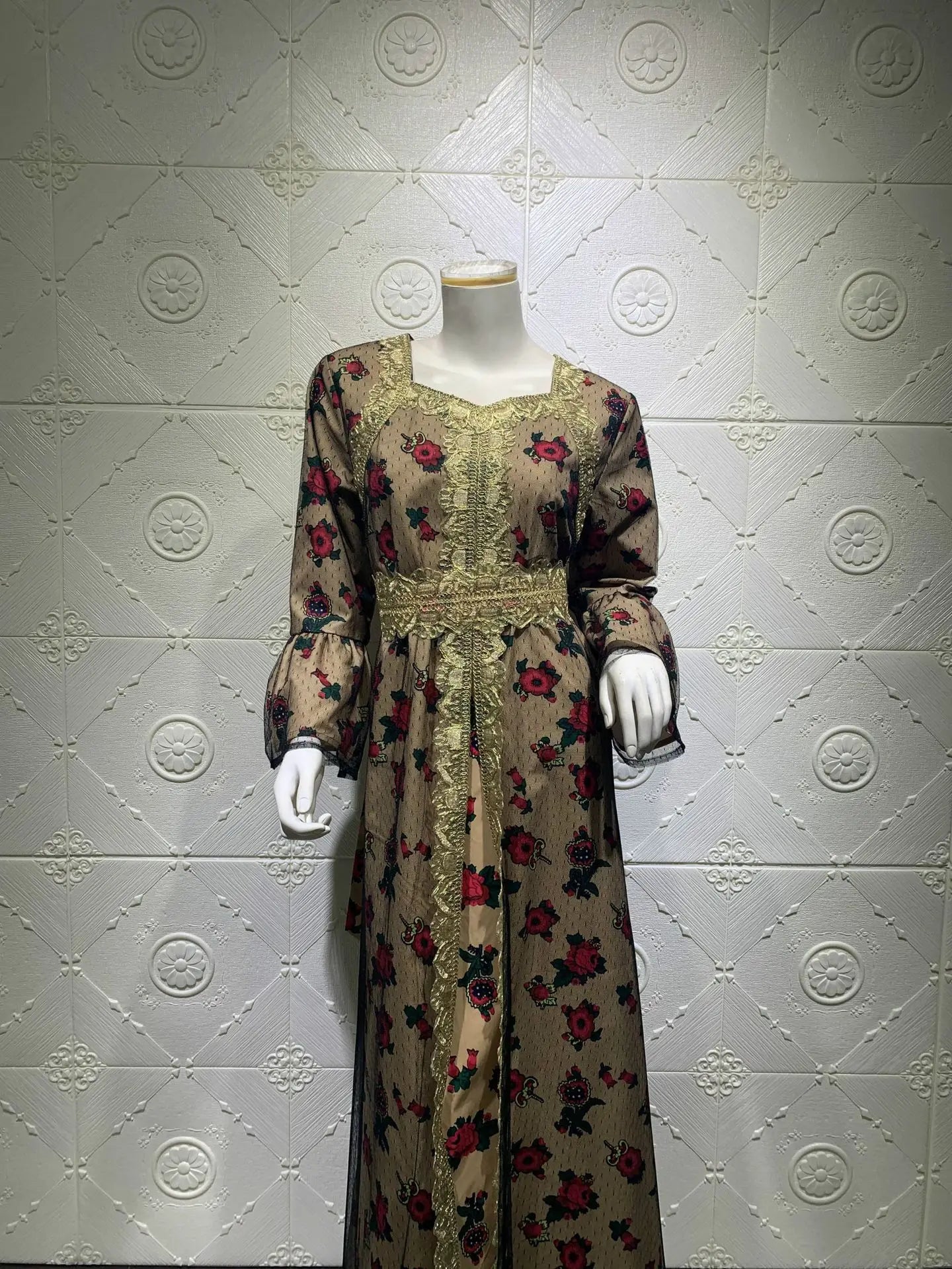 Luxury Middle East Abayas for Women Dubai Dress Lace Applique Mesh Printing Long Sleeves Elegant Evening Party Muslim Clothes