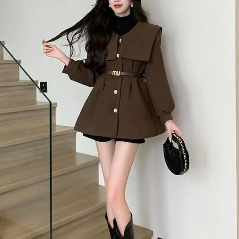 2024 Early Spring New Slimming Fashion Women's Petite Medium-Length Jacket Elegant Navy Neck Slim Fit Wool Blend Coat