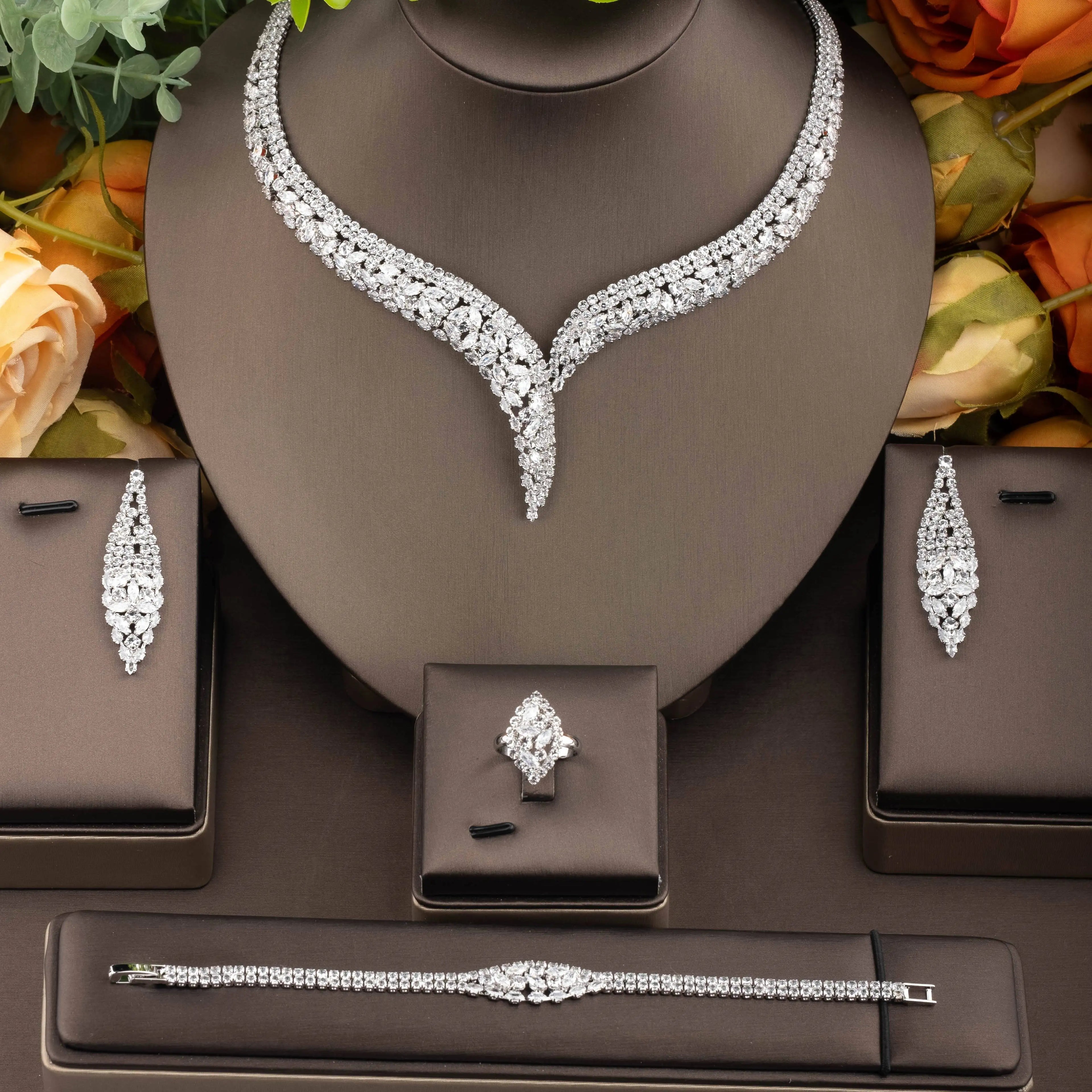 Fashion Cubic Zircon Leaf Pendant Necklace and Earrings Set 4PCS Bridal Wedding Jewelry Set for Women Gifts Bijoux  S-353