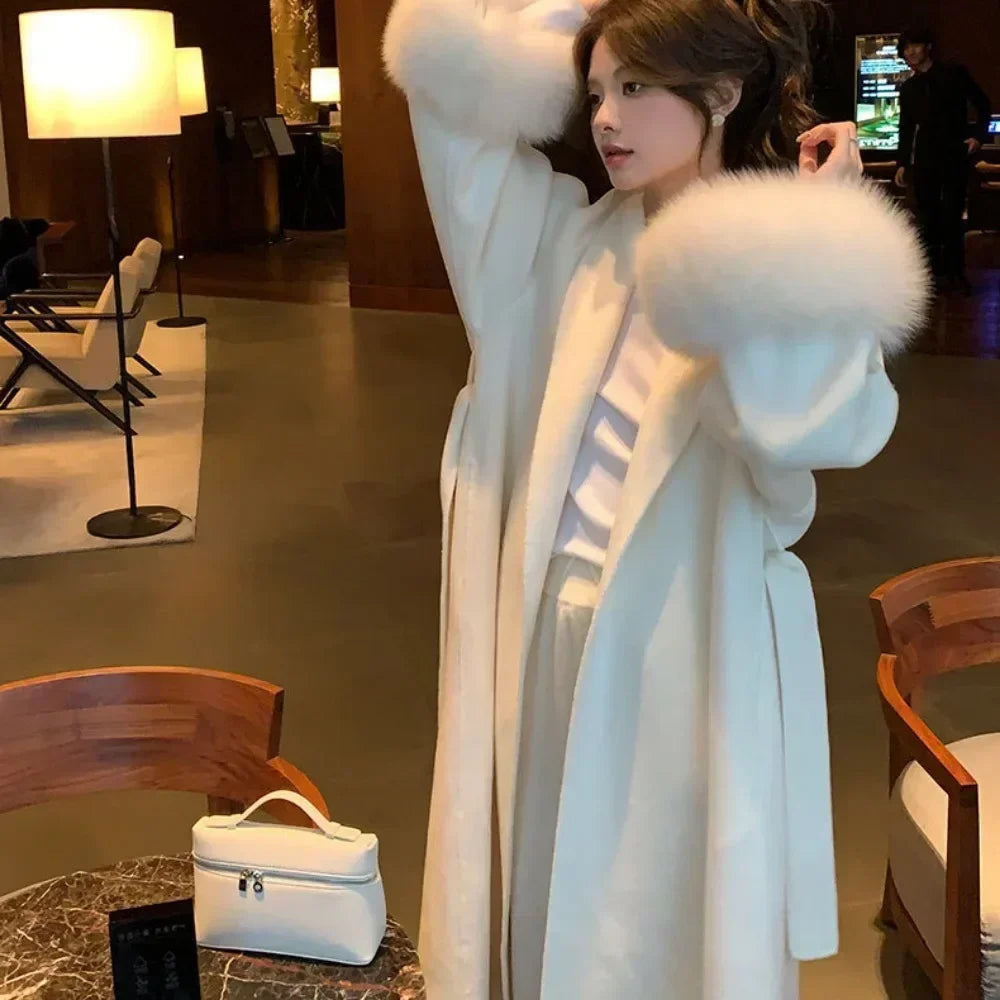 Elegant Warm Woolen Coats Real Fur Jacket with Belt Loose Fashion Outerwears 2024 Women Big Fur Collar Overcoats Female
