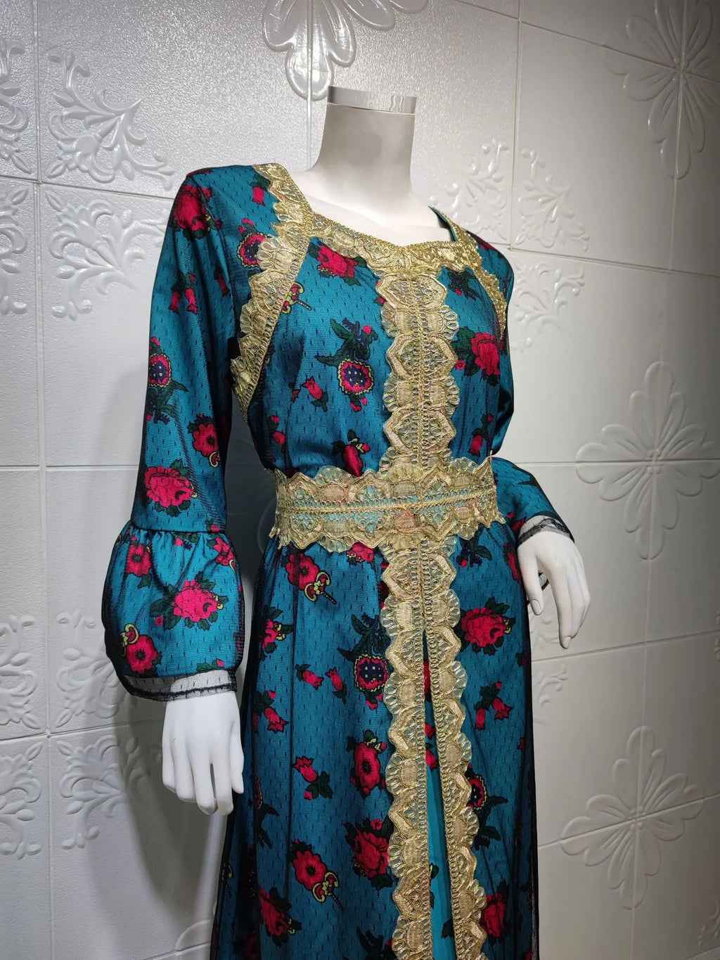 Luxury Middle East Abayas for Women Dubai Dress Lace Applique Mesh Printing Long Sleeves Elegant Evening Party Muslim Clothes