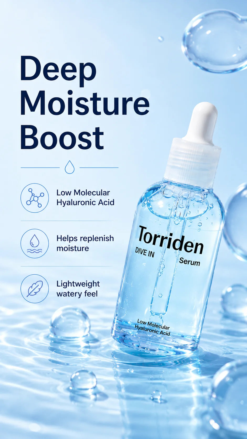 Torriden DIVE-IN Low-Molecular Hyaluronic Acid Serum 50ml,Featherlight,Moisture Retention Aid,Korean Skincare,for Korean Makeup