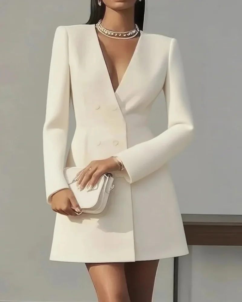 Fashionable V-neck Long-sleeved Double-breasted Waist Mini Dress