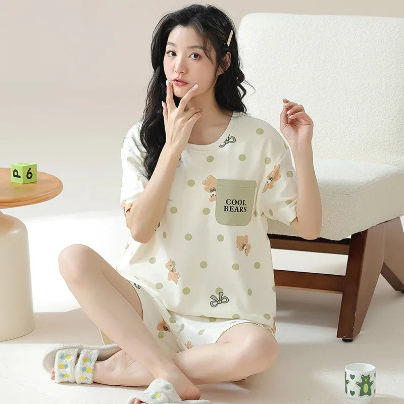 Female Summer Pijamas Short Women Cotton Pajamas Sleeve Shorts Nightwear Sweet Sleepwear Cartoon Pyjamas Woman Home Suit