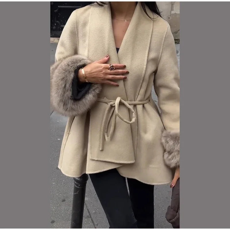 Elegant Fur Shawl Women's Coat Long Sleeve Patchwork Woolen Lace Up V-neck Solid Female Coats 2025 Autumn Winter Lady Jackets
